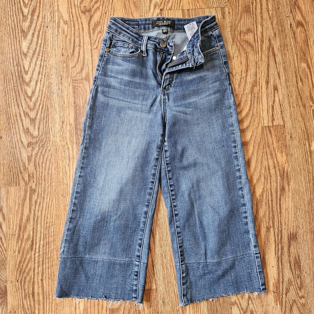 Judy Blue Jeans Women 1 25 Wide Leg Baggy High Waist Med Wash Faded Stretch Raw